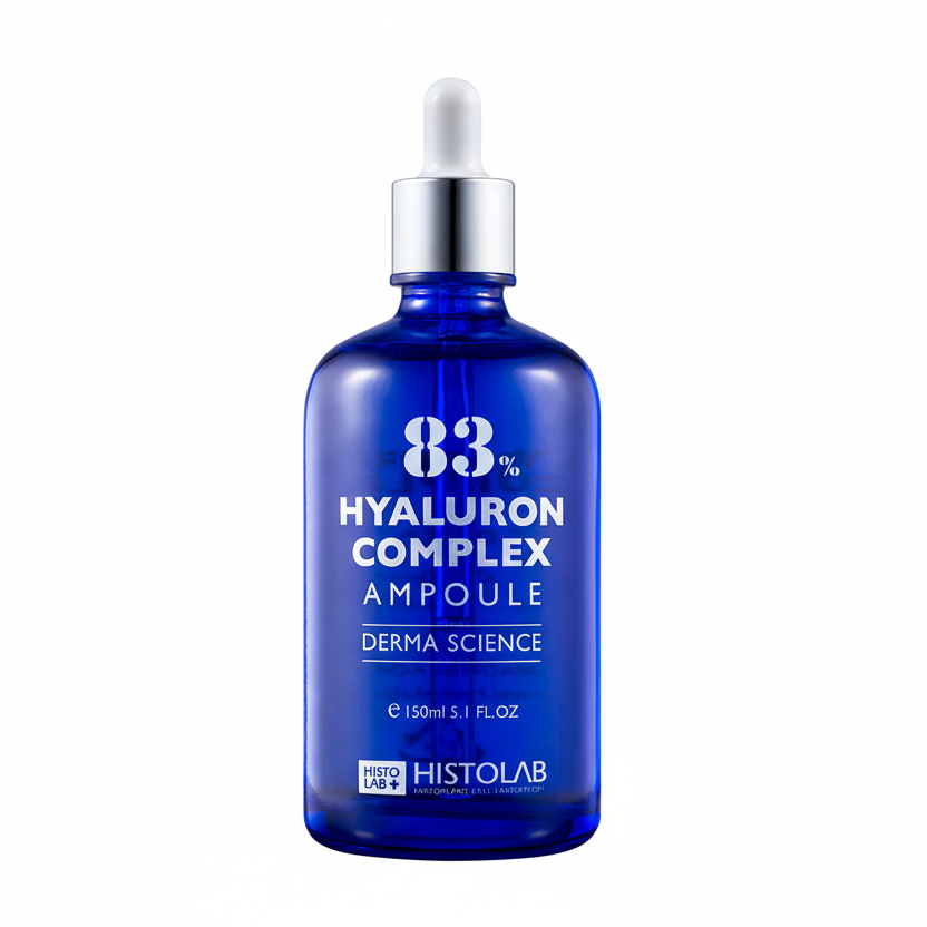 Blue bottle of 83% Hyaluron Complex Ampoule with Histolab branding on a white background